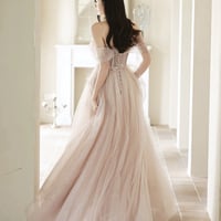 Pink Tulle Long A-Line Prom Party Dress, Pink Evening Dress - Thumbnail 3