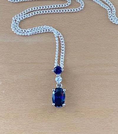 Sterling Silver Sapphire & Cz Pendant & Chain/Sapphire Necklace/Sapphire Jewellery/Sapphire Jewelry/Gemstone Necklace/September Birthstone/UK