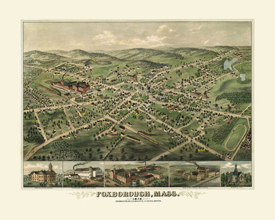 Foxborough, MA in 1879 - Bird's Eye View Map, Aerial Map, Panorama Map, Vintage Map, Antique Map, Reproduction, Giclée, Framable, Fine Art