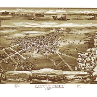 Gettysburg, pennsylvania in 1888 - bird's eye view, map, aerial, panorama, vintage, antique, fine art, wall art, civil war history - Thumbnail 2