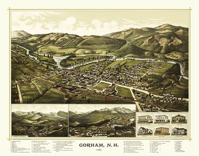 Gorham, NH in 1888 - Bird's Eye View Map, Aerial, Panorama, Vintage, Antique, Reproduction, Giclée, Framable, Fine Art