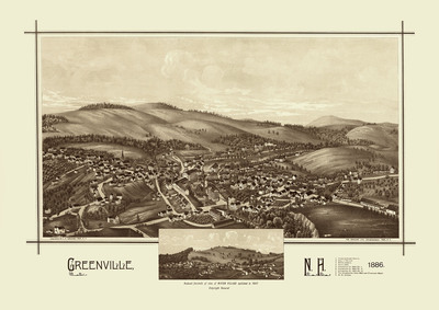 Greenville, NH in 1886 - Bird's Eye View Map, Aerial, Panorama, Vintage, Antique, Reproduction, Giclée, Framable, Fine Art