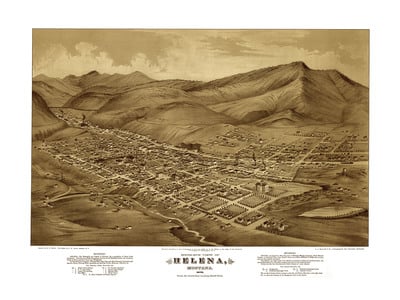 Helena, Montana in 1875 - Bird's Eye View Map, Aerial, Panorama, Vintage, Antique, Reproduction, Giclée, Framable, Fine Art, Wall Map
