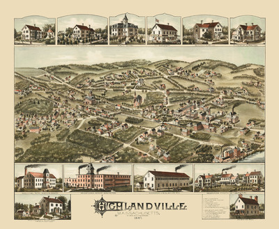 Highlandville, MA (Village of Needham) in 1887 - Bird's Eye View, Aerial, Panorama, Vintage, Antique, Reproduction, Giclée, Framable, Art