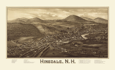 Hinsdale, NH in 1886 - Bird's Eye View Map, Aerial, Panorama, Vintage, Antique, Reproduction, Giclée, Framable, Fine Art