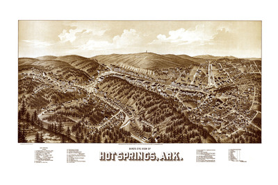 Hot Springs AR in 1888 - Bird's Eye View Map, Aerial map, Panorama, Vintage map, Antique map, Reproduction, Giclée, Wall map, Framable map