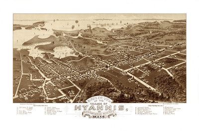 Hyannis, MA in 1884 - Bird's Eye View Map, Aerial, Panorama, Vintage, Antique, Reproduction, Giclée, Framable, Fine Art