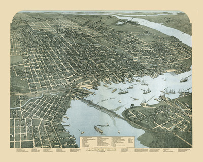 Jacksonville, Florida in 1889 - Bird's Eye View, Aerial, Panorama, Vintage, Antique, Reproduction, Giclée, Fine Art, Wall Art, History
