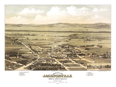 Jacksonville, Oregon in 1883 - Bird's Eye View Map, Aerial Map, Panorama, Vintage map, Antique map, Reproduction, Giclée, Fine Art, Wall Art