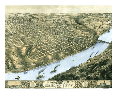 Kansas City, Missouri in 1869 - Bird's Eye View Map, Aerial Map, Panorama, Vintage Map, Antique, Reproduction, Giclée, Fine Art, History