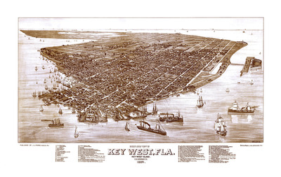 Key West, Florida in 1884 - Bird's Eye View Map, Aerial, Panorama, Vintage, Antique, Reproduction, Giclée, Fine Art, Wall Art, History