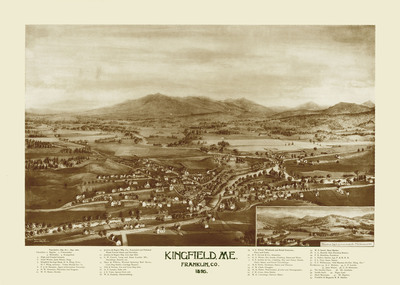 Kingfield, ME in 1895 - Bird's Eye View Map, Aerial, Panorama, Vintage, Antique, Reproduction, Giclée, Framable, Fine Art, Home Decor