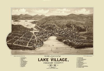 Lake Village, NH in 1883 - Bird's Eye View Map, Aerial, Panorama, Vintage, Antique, Reproduction, Giclée, Framable, Fine Art
