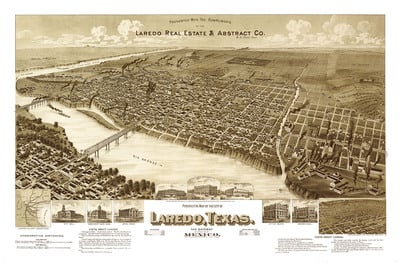 Laredo, Texas in 1892 - Bird's Eye View, Aerial Panorama, Vintage, Antique Map, Reproduction, Fine Art, Wall Art, History