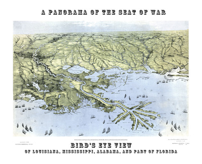 Louisiana, Mississippi, Alabama, and Part of Florida 1861 - Bird's Eye View, Aerial, Panorama, Vintage, Antique, Reproduction, Fine Art