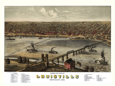 Louisville, KY in 1876 - Bird's Eye View Map, Aerial Map, Panorama, Vintage map, Antique map, Reproduction, Giclée, Framable map, Fine Art