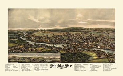 Machias, Maine in 1896 - Bird's Eye View Map, Aerial, Panorama, Vintage, Antique, Reproduction, Giclée, Framable, Fine Art