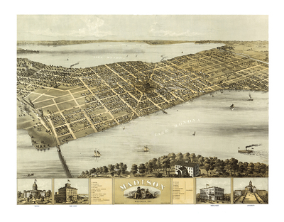 Madison, Wisconsin in 1867 - Bird's Eye View Map, Aerial, Panorama, Vintage, Antique, Reproduction, Giclée, Fine Art, Wall Art