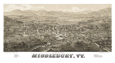 Middlebury, Vermont in 1886 - Bird's Eye View, Aerial, Panorama, Vintage, Antique map, Reproduction, Giclée, Wall Map, History