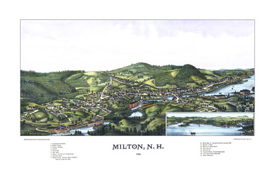 Milton, NH in 1888 - Bird's Eye View Map, Aerial, Panorama, Vintage, Antique, Reproduction, Giclée, Framable, Fine Art