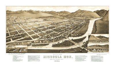 Missoula, Montana in 1884 - Bird's Eye View Map, Aerial, Panorama, Vintage, Antique, Reproduction, Giclée, Fine Art, Wall Art, History