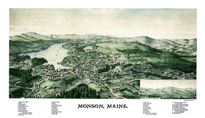 Monson, Maine in 1889 - Bird's Eye View Map, Aerial, Panorama, Vintage, Antique, Reproduction, Giclée, Framable, Fine Art