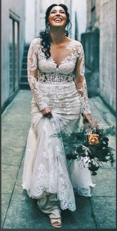 Elegant Mermaid Lace Appliques Long Sleeve Wedding Dress Bridal Gown