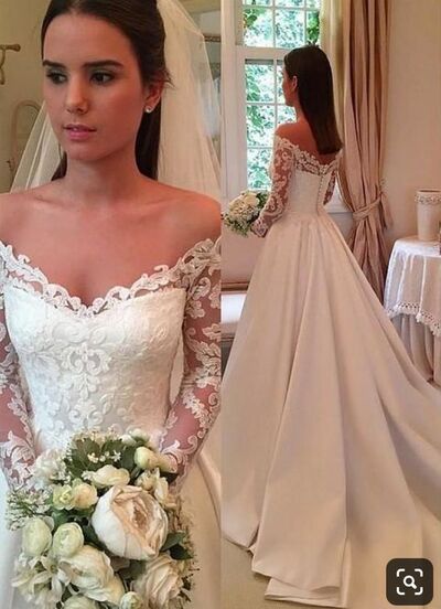 Elegant A Line Lace Appliques Long Sleeve Wedding Dress Bridal Gown