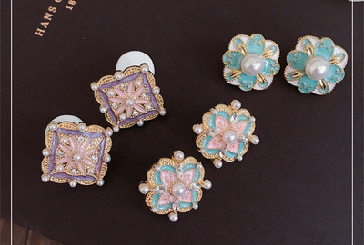 Baroque Pastel Enamel Floral Studs Earrings Square Tiny Dangle Drop Earring