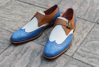 Crafted Leather Handmade Men Classic Tri Tone Leather Monk Strap Wingtip Dress Shoes