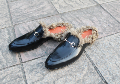 Crafted Leather Handmade Black Leather with Fur Slippers Mules Warm Loafers Shoes