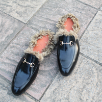 Crafted Leather Handmade Black Leather with Fur Slippers Mules Warm Loafers Shoes - Thumbnail 1