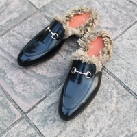 Crafted Leather Handmade Black Leather with Fur Slippers Mules Warm Loafers Shoes - Thumbnail 3