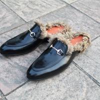 Crafted Leather Handmade Black Leather with Fur Slippers Mules Warm Loafers Shoes - Thumbnail 2