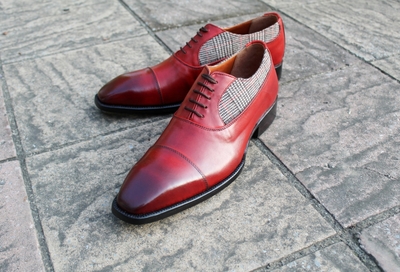 Crafted Leather Classic Men Red Tweed Leather Contrast Oxford Dress Lace up Shoes Handmade