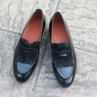 Crafted Leather Handmade Black Calf Fringes Loafers Moccasin Formal Shoes - Thumbnail 2