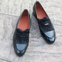 Crafted Leather Handmade Black Calf Fringes Loafers Moccasin Formal Shoes - Thumbnail 3