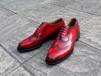 Crafted Leather Classic Red Patina Leather Dress Wingtip Formal Lace up Shoes
