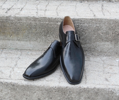 Crafted Leather Classic Black Crocodile/Alligator Leather Single Monk Strap Shoes