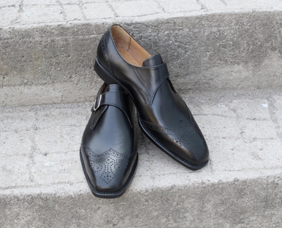 Crafted Leather Classic Black Calf Leather Wingtip Monk Strap Dress Shoes