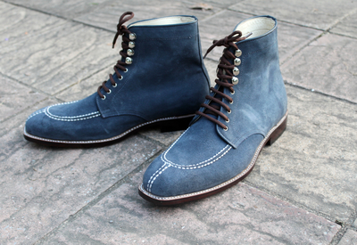 Crafted Leather Classic Handmade Blue Suede Split Toe Ankle High Lace up Boot