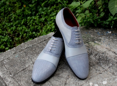 Crafted Leather Classic Gray Calf and Crocodile/Alligator Oxford Lace up Shoes