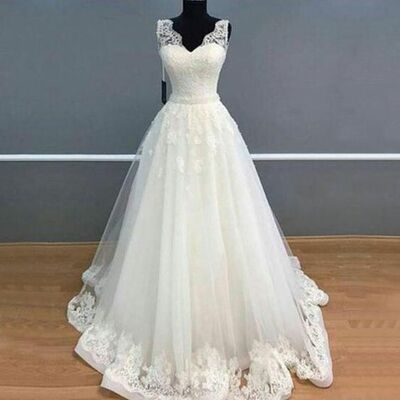 Elegant A Line Lace Appliques Sleeveless Wedding Dress Bridal Gown