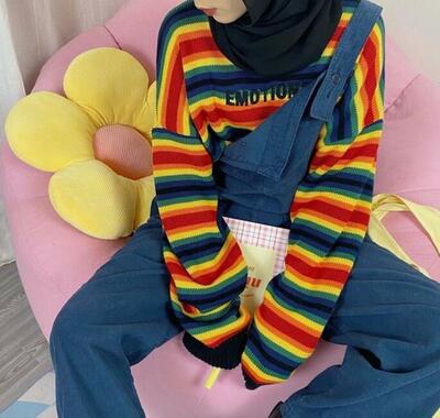 EMOTIONAL RAINBOW COLOR BLOCK STRIPED PULLOVER KNIT SWEATER