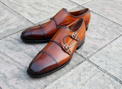 Crafted Leather Classic Handmade Men Brown Leather Double Monk Strap Shoes