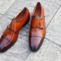 Crafted Leather Classic Handmade Men Brown Leather Double Monk Strap Shoes - Thumbnail 1