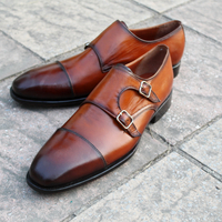 Crafted Leather Classic Handmade Men Brown Leather Double Monk Strap Shoes - Thumbnail 3