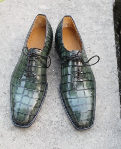 Crafted Leather Men Green Crocodile Leather Dress Lace up Alligator Shoes
