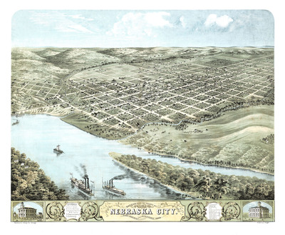 Nebraska City, Nebraska in 1868 - Bird's Eye View Map, Aerial, Panorama, Vintage map, Antique map, Giclée, Fine Art, Wall Art, History