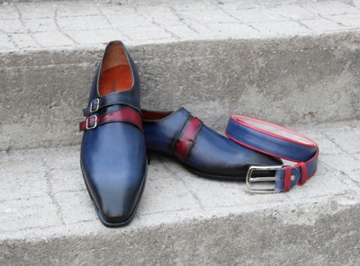 Crafted Leather Classic Blue Leather Monk Strap Dress Shoes with Matching Belt